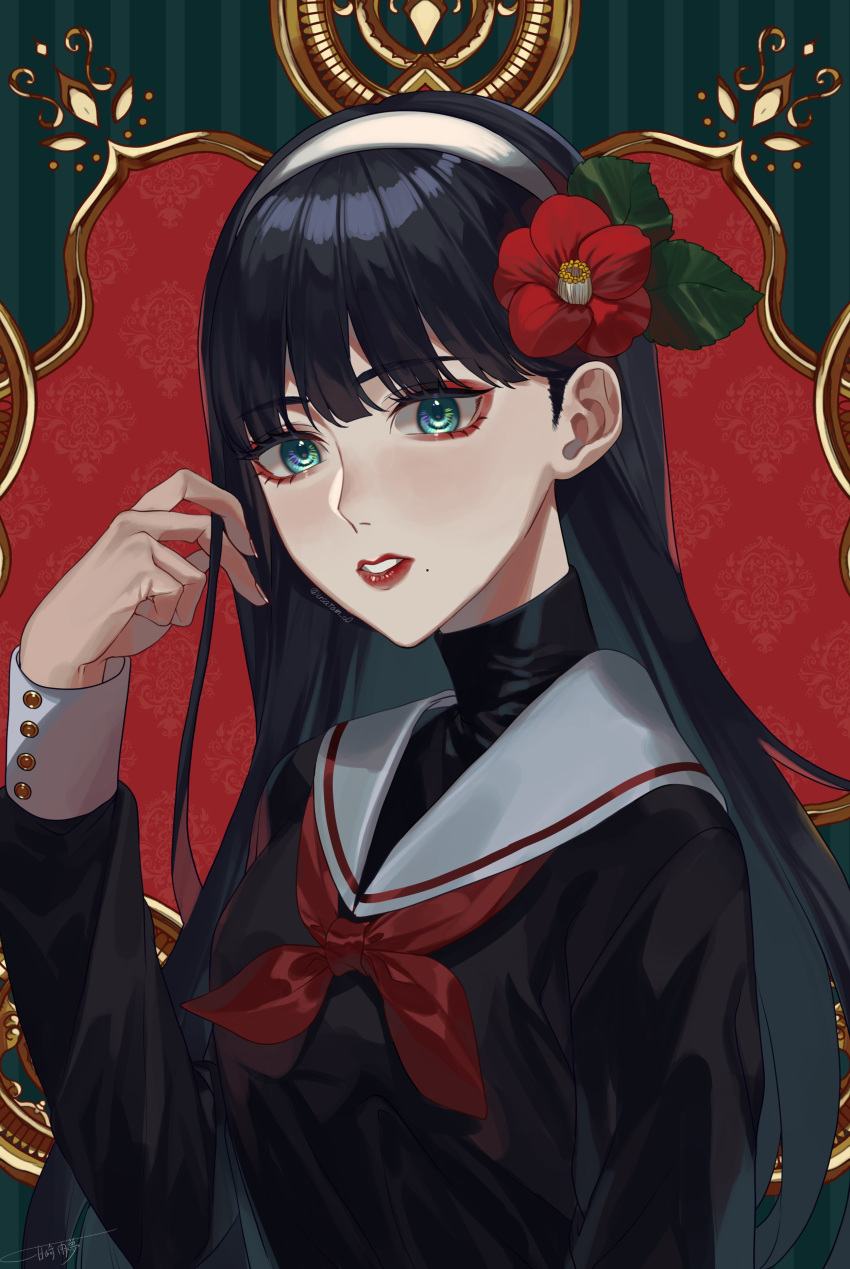 1girl absurdres amazaki_umu aqua_eyes bangs black_hair black_serafuku black_shirt blunt_bangs camellia commentary eyeshadow flower framed green_background hair_behind_ear hair_flower hair_ornament hairband hand_in_own_hair highres lipstick long_hair looking_at_viewer makeup mole mole_under_mouth multicolored_background neckerchief original parted_lips patterned_background red_background red_eyeshadow red_flower red_neckerchief school_uniform serafuku shirt signature solo striped striped_background turtleneck upper_body white_hairband