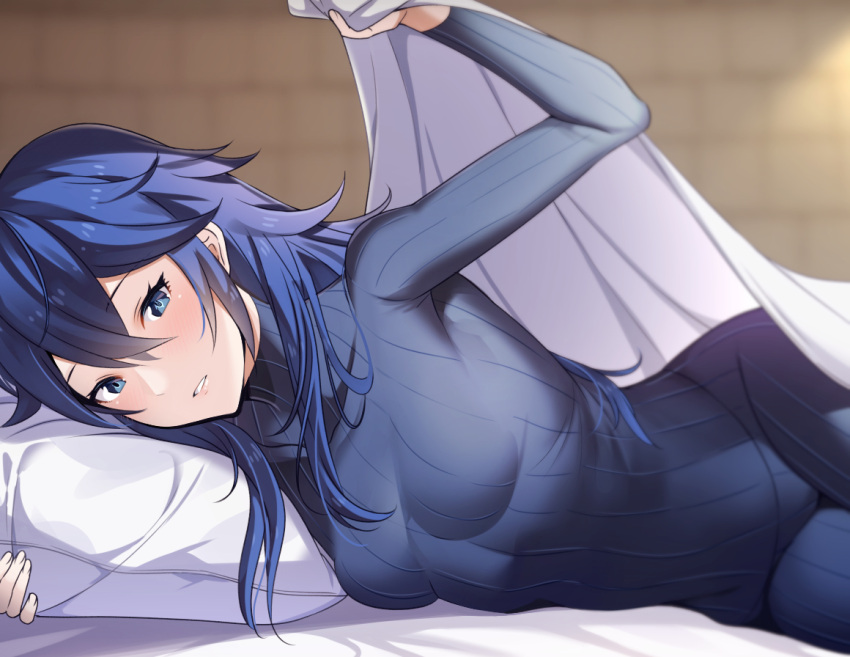 ameno_(a_meno0) bed bed_sheet blue_eyes blue_hair breasts clenched_teeth fire_emblem fire_emblem_awakening hair_between_eyes indoors long_hair long_sleeves looking_at_viewer lucina_(fire_emblem) on_bed pantyhose pillow sheet_grab small_breasts sweater symbol-shaped_pupils teeth