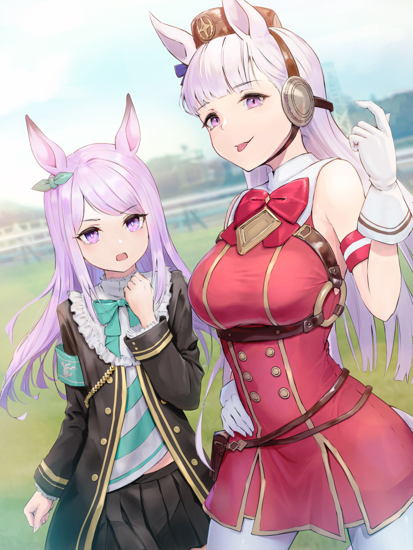 2girls absurdres animal_ears aqua_bow bare_shoulders bow breasts buttons double-breasted dress ear_bow gloves gold_ship_(umamusume) grey_hair highres horse_ears horse_girl large_breasts long_hair long_sleeves looking_at_viewer mejiro_mcqueen_(umamusume) multiple_girls pantyhose pillbox_hat purple_hair red_bow red_dress sleeveless sleeveless_dress tem_(tempainting1) tongue tongue_out umamusume very_long_hair violet_eyes white_gloves white_pantyhose