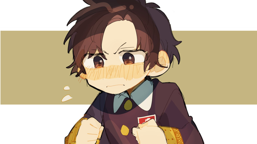 1boy bangs blush brown_eyes brown_hair child closed_mouth collared_shirt damian_desmond eden_academy_uniform highres long_sleeves male_child parted_bangs school_uniform shirt solo spy_x_family yingwdcp999
