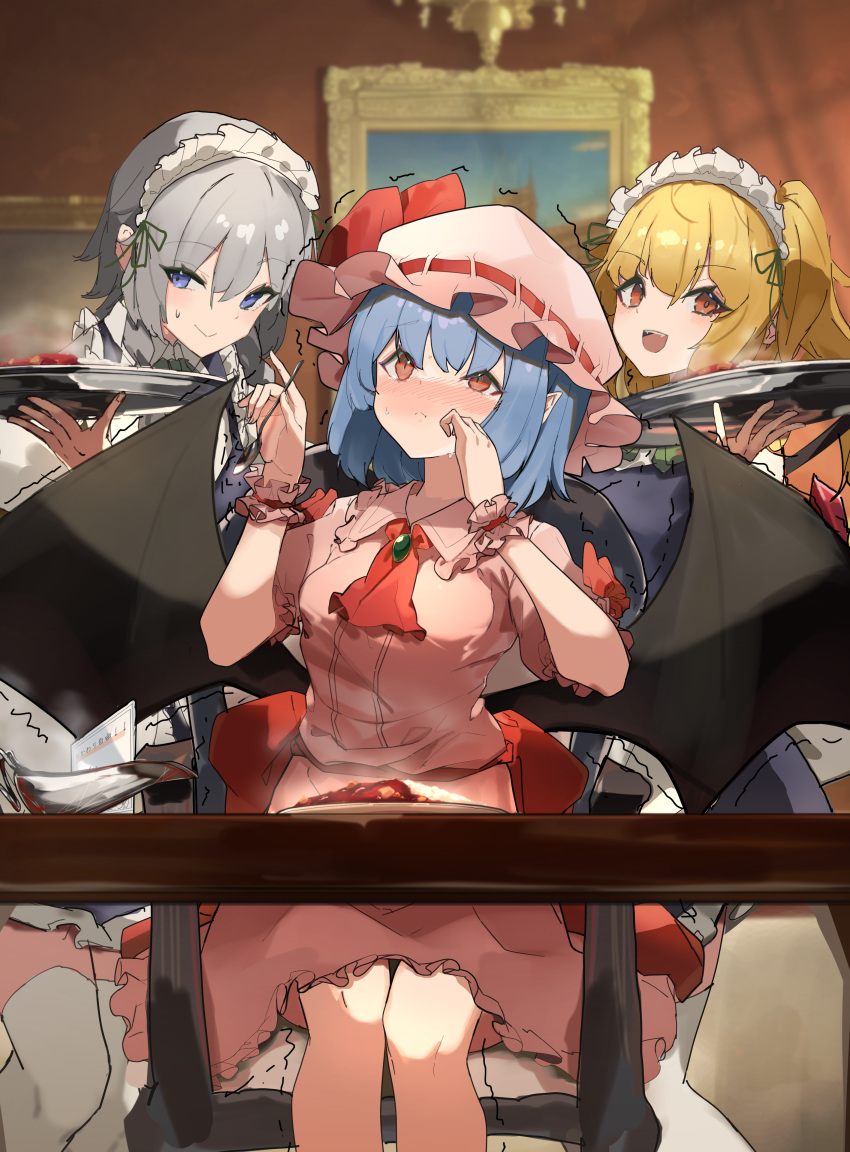 3girls absurdres bat_wings black_wings blonde_hair blue_dress blue_eyes blue_hair blush braid closed_mouth curry curry_rice dress flandre_scarlet food grey_hair hat highres holding holding_spoon holding_tray izayoi_sakuya kurowa_(curowa) long_hair maid maid_headdress mob_cap multiple_girls open_mouth pink_dress pink_headwear pointy_ears red_eyes remilia_scarlet rice short_hair short_sleeves siblings side_ponytail sisters sitting smile spoon touhou tray twin_braids wings