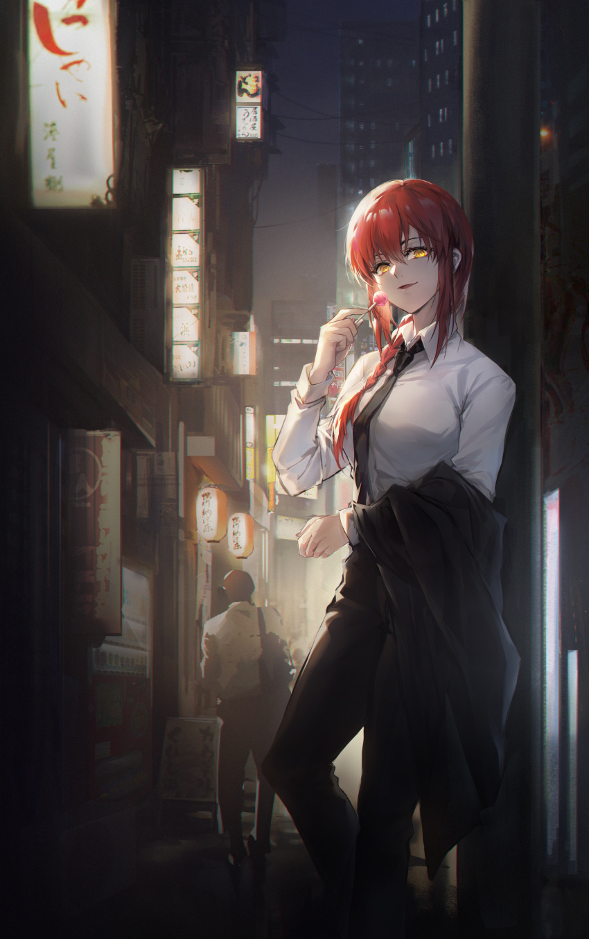 1girl absurdres bangs billboard black_necktie black_pants braid building candy chainsaw_man city cityscape collared_shirt feet_out_of_frame film_grain food from_side hair_between_eyes highres holding holding_candy holding_clothes holding_food holding_jacket holding_lollipop jacket jacket_removed junko-g lantern leaning_on_object lollipop long_hair long_sleeves looking_at_viewer makima_(chainsaw_man) necktie night night_sky open_mouth outdoors pants paper_lantern power_lines redhead ringed_eyes scenery shirt side_braid single_braid sky smile solo_focus standing storefront utility_pole white_shirt yellow_eyes