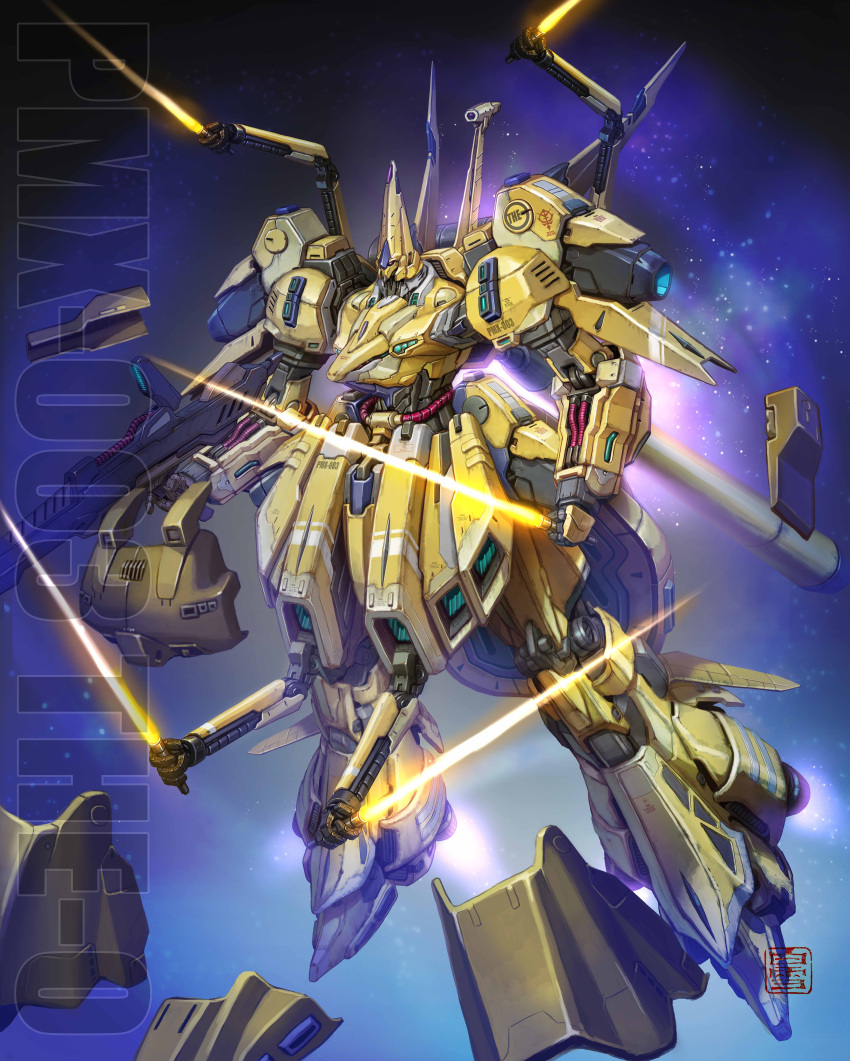 absurdres beam_saber character_name extra_arms flying full_body gundam highres holding holding_sword holding_weapon maeda_hiroyuki mecha mobile_suit no_humans redesign robot science_fiction space sword the_o violet_eyes weapon zeta_gundam