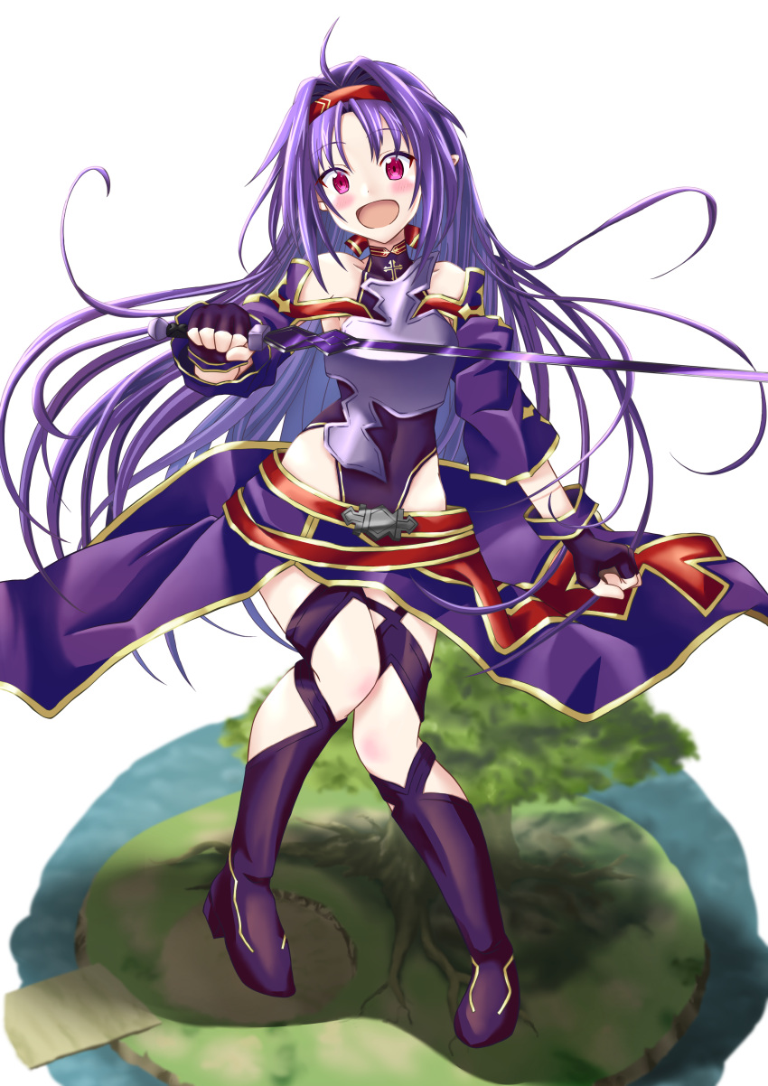 1girl absurdres ahoge armor bangs bare_shoulders blush breastplate covered_navel detached_sleeves fingerless_gloves full_body gloves hairband highres holding holding_sword holding_weapon leotard long_hair looking_at_viewer open_mouth pointy_ears purple_gloves purple_hair red_eyes red_hairband solo sword sword_art_online taketake_(ristclutch-exployder) weapon yuuki_(sao)