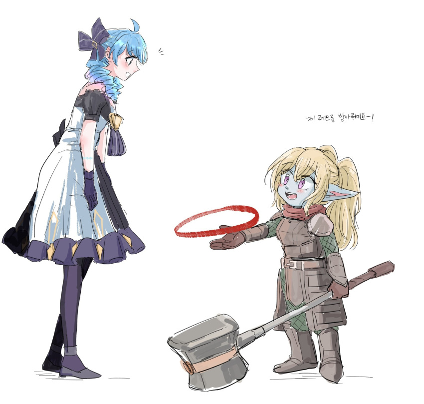 2girls :d ahoge armor bangs bare_shoulders belt black_dress blonde_hair brown_belt brown_footwear brown_gloves dress drill_hair frilled_dress frills from_side gloves grey_dress gwen_(league_of_legends) hammer highres holding holding_hammer holding_weapon league_of_legends long_hair multiple_girls notice_lines pantyhose pointy_ears poppy_(league_of_legends) shoes short_sleeves simple_background smile translation_request twin_drills twintails weapon xayahsona_27 yordle
