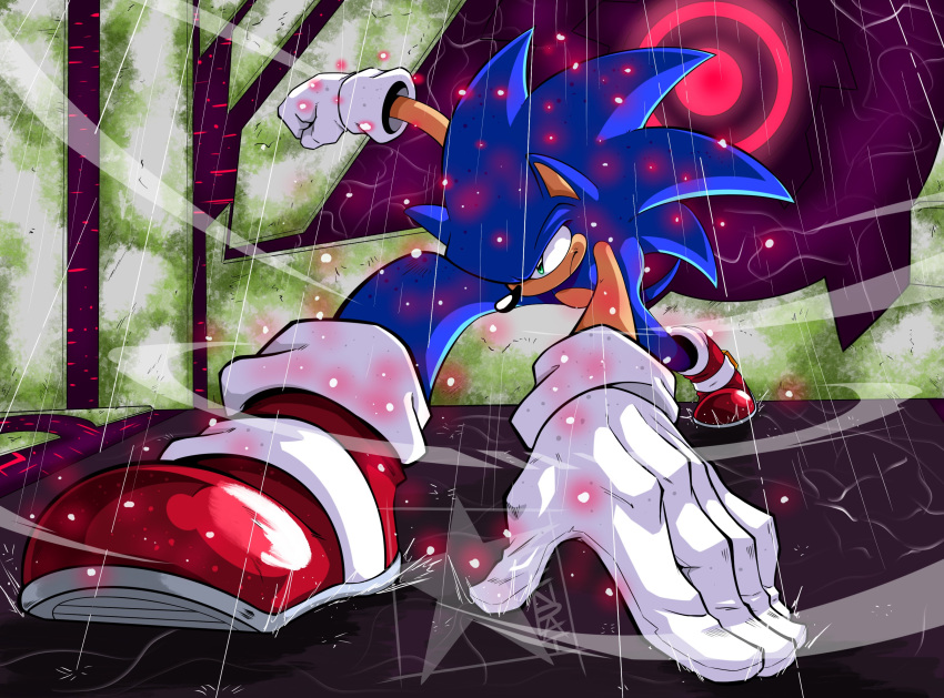 1boy absurdres america_senpai breasts closed_mouth commentary english_commentary full_body furry furry_female gloves hand_on_floor highres male_focus medium_breasts rain red_footwear shoes sneakers solo sonic_(series) sonic_frontiers sonic_the_hedgehog spread_legs white_gloves