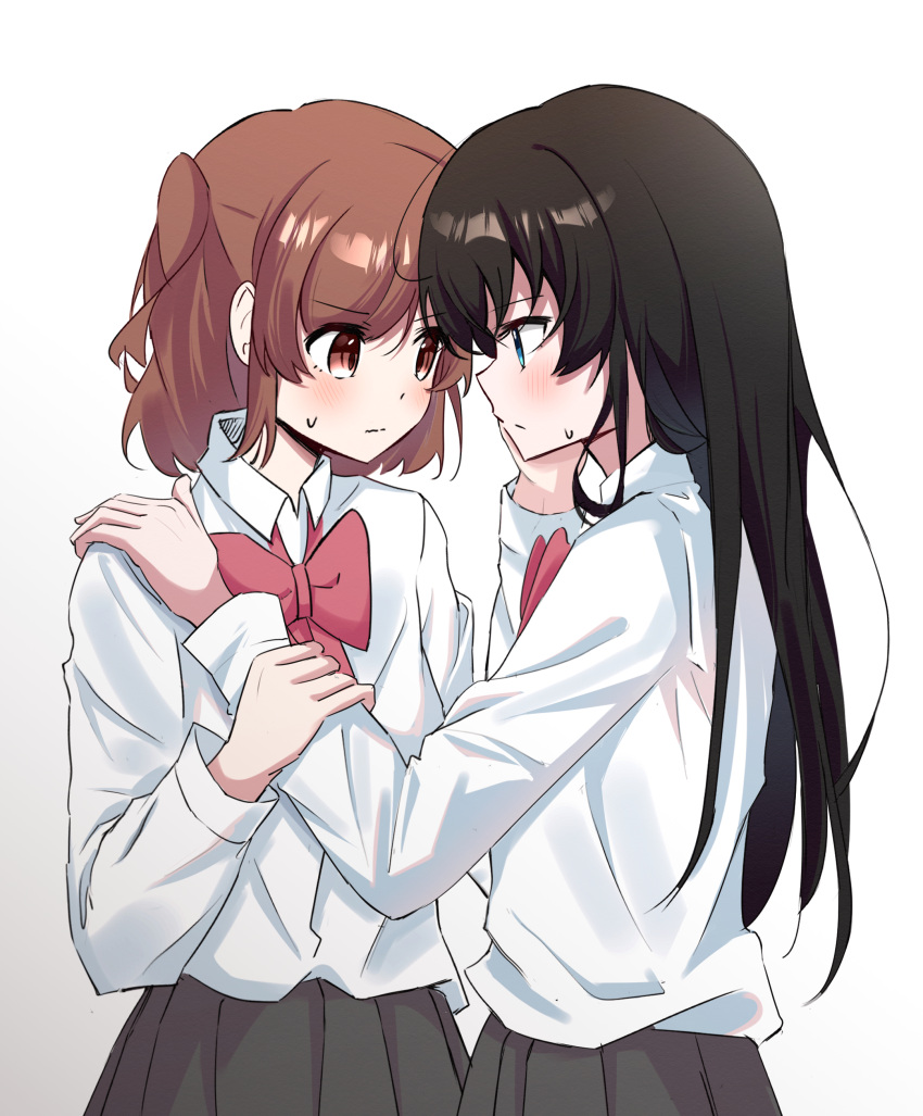 2girls absurdres aijou_karen bangs black_hair blush bow bowtie brown_eyes brown_hair closed_mouth collared_shirt cowboy_shot eye_contact face-to-face from_side gradient gradient_background grey_background grey_skirt hair_between_eyes hand_on_another's_arm hand_on_another's_cheek hand_on_another's_face hand_on_another's_shoulder hand_up hands_up highres kagura_hikari long_hair long_sleeves looking_at_another multiple_girls one_side_up pleated_skirt po_(44popo44popo) profile red_bow red_bowtie school_uniform seishou_music_academy_uniform shirt shirt_tucked_in short_hair shoujo_kageki_revue_starlight skirt standing sweatdrop very_long_hair wavy_mouth white_background white_shirt yuri