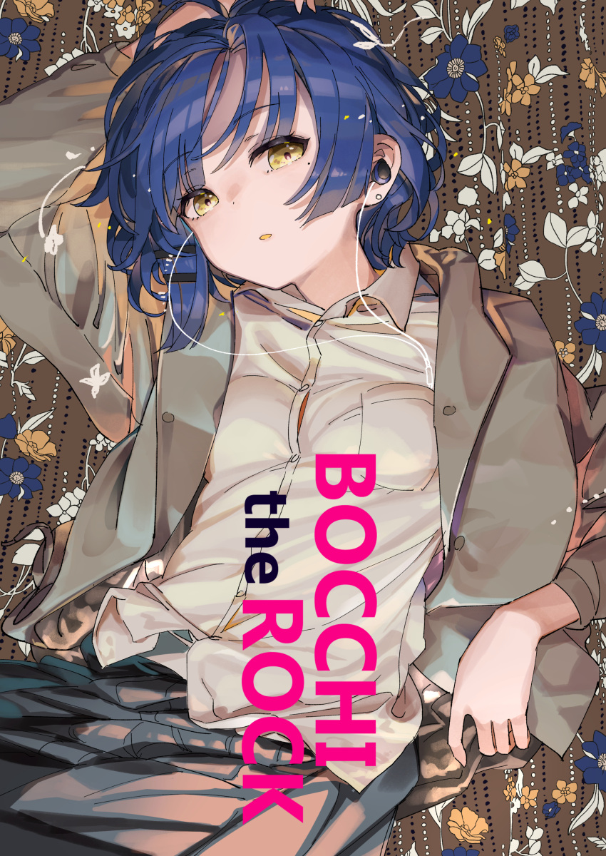 1girl absurdres arm_up bangs black_pants blue_hair bocchi_the_rock! earphones earrings feet_out_of_frame floral_background hair_ornament hairclip highres jacket jewelry lying mole mole_under_eye on_back open_mouth oshiri_seijin pants shirt short_hair solo untucked_shirt white_shirt yamada_ryou yellow_eyes