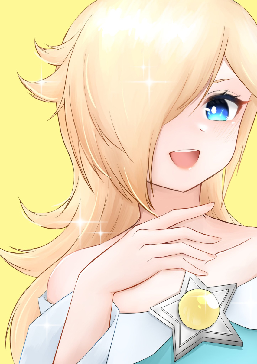 1girl bare_shoulders blonde_hair blue_eyes closed_mouth earrings hair_over_one_eye highres jewelry long_sleeves looking_at_viewer medium_hair rosalina simple_background smile solo star_(symbol) star_earrings super_mario_bros. super_mario_galaxy super_mario_galaxy_2 tomatomiya upper_body white_background