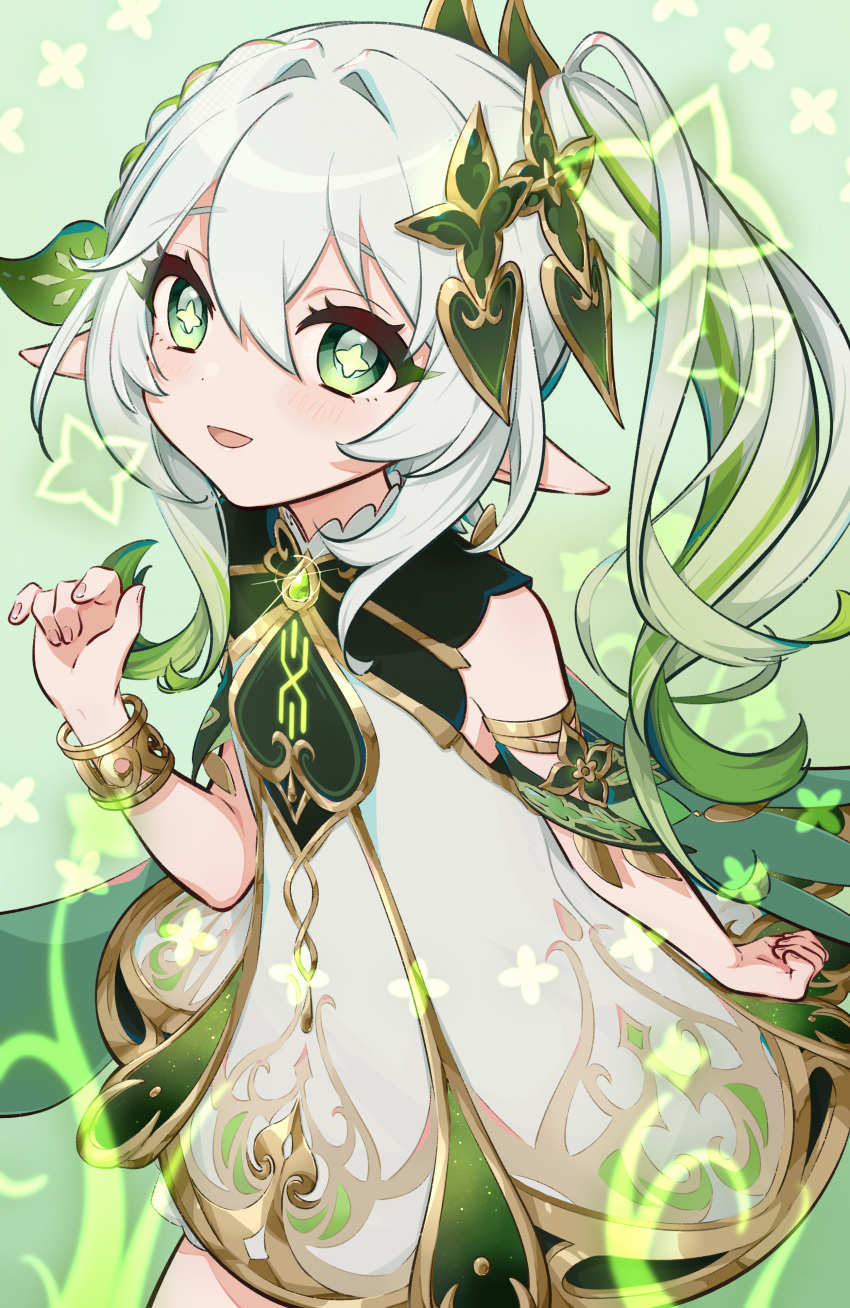 1girl absurdres bangs blue_menouu cross-shaped_pupils dress female_child genshin_impact gradient_hair green_eyes green_hair hair_between_eyes hand_up highres long_hair looking_at_viewer multicolored_hair nahida_(genshin_impact) parted_lips pointy_ears side_ponytail sleeveless sleeveless_dress smile solo white_dress white_hair