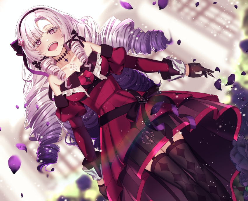 1girl :d argyle argyle_legwear black_choker black_gloves black_thighhighs blurry blurry_background choker collarbone detached_sleeves dress drill_hair dutch_angle garter_straps gloves gradient_hair hyakumantenbara_salome kkochmeli long_hair long_sleeves looking_at_viewer multicolored_hair nijisanji open_mouth purple_hair red_dress red_eyes red_sleeves shiny shiny_hair short_dress smile solo standing strapless strapless_dress thigh-highs very_long_hair virtual_youtuber white_hair zettai_ryouiki