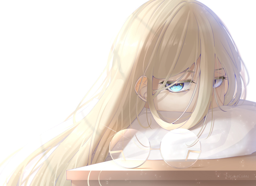 1girl aia_amare artist_name bangs blonde_hair blue_eyes covered_mouth english_commentary from_side glasses hair_behind_ear hair_between_eyes highres light_particles long_hair looking_at_viewer nightachan nijisanji nijisanji_en portrait round_eyewear solo virtual_youtuber