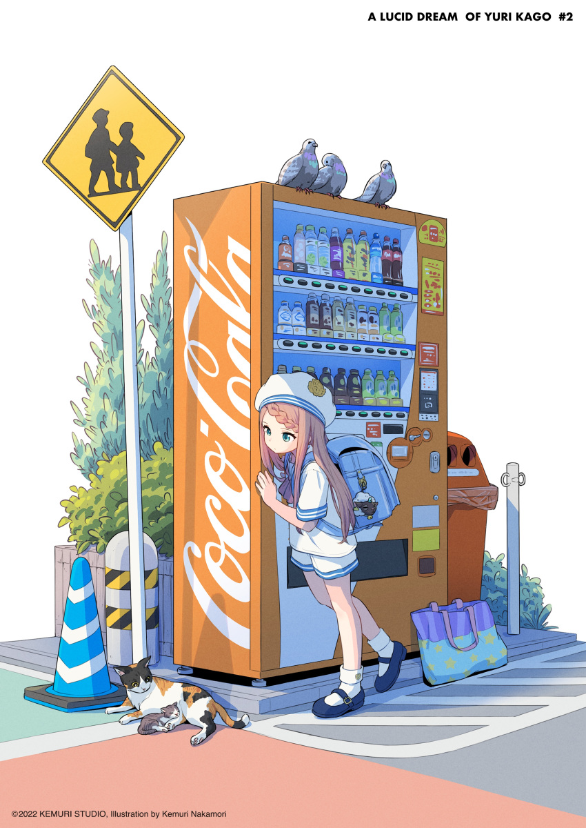 1girl absurdres aqua_eyes artist_name bag bird blue_bag blue_footwear blue_trim braid brown_hair bush cat copyright handbag highres kitten long_hair mary_janes nakamori_kemuri original outdoors pigeon sailor_collar school_uniform shirt shoes shorts sign socks traffic_cone trash_can vending_machine warning_sign white_headwear white_shirt white_shorts white_socks