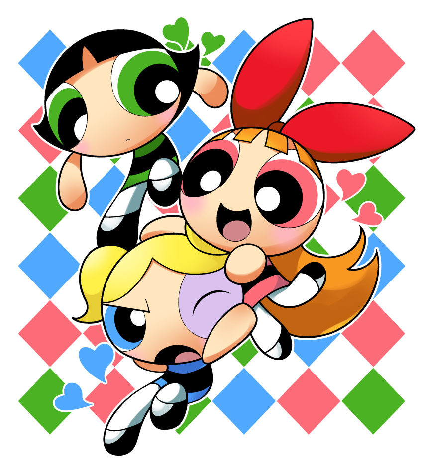 3girls absurdres argyle argyle_background black_hair blonde_hair blossom_(ppg) blue_eyes blue_heart bow bubbles_(ppg) buttercup_(ppg) cartoon_network closed_mouth commentary commentary_request diamond_(shape) dress female_child green_eyes hair_bow heart highres long_hair multiple_girls one_eye_closed open_mouth orange_hair pink_eyes pink_heart powerpuff_girls shoes short_hair simple_background smile twintails