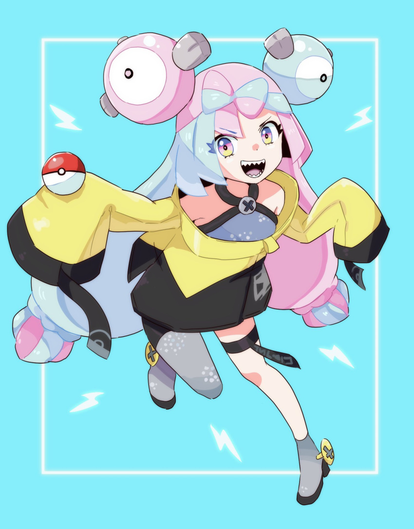 1girl :d anatyanman bare_shoulders black_coat black_shorts blue_background blue_eyes blue_hair bow-shaped_hair braid coat eyelashes eyes_visible_through_hair full_body grey_footwear grey_pantyhose halterneck highres holding holding_poke_ball iono_(pokemon) leg_up light_blue_hair lightning_bolt_symbol long_hair long_sleeves looking_at_viewer low-tied_long_hair magnemite magnet multicolored_coat multicolored_eyes multicolored_hair one-eyed open_mouth pantyhose pink_eyes pink_hair poke_ball poke_ball_(basic) pokemon pokemon_(creature) pokemon_(game) pokemon_sv screw sharp_teeth shorts single_leg_pantyhose sleeves_past_elbows sleeves_past_fingers sleeves_past_wrists smile teeth thigh_strap twintails two-tone_coat two-tone_hair v-shaped_eyebrows very_long_hair wide_sleeves yellow_coat yellow_eyes