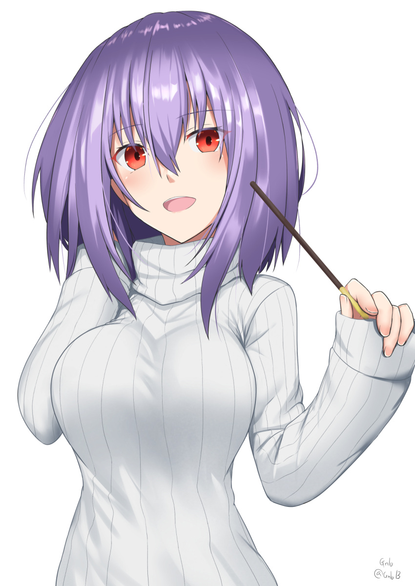 1girl :d alternate_costume breasts casual food gnlo hair_between_eyes highres large_breasts long_sleeves looking_at_viewer nagae_iku no_headwear open_mouth pocky purple_hair red_eyes ribbed_sweater short_hair simple_background smile solo sweater touhou upper_body white_background white_sweater