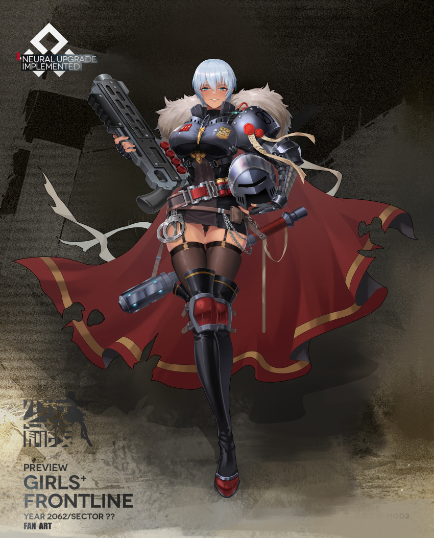 1girl absurdres adeptus_arbites armor black_thighhighs blue_eyes breasts cape cuffs dark-skinned_female dark_skin full_body garter_straps girls_frontline grey_hair gun hair_between_eyes handcuffs helmet highres holding holding_gun holding_helmet holding_weapon large_breasts moonface purity_seal red_cape short_hair shotgun solo standing thigh-highs warhammer_40k weapon