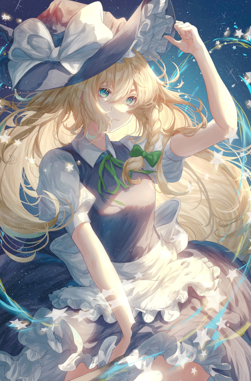 1girl absurdres apron blonde_hair blue_eyes bow braid closed_mouth dress expressionless frilled_apron frills green_bow hair_between_eyes hair_bow hand_on_headwear hat highres holding holding_clothes holding_hat kirisame_marisa long_hair looking_at_viewer night night_sky short_sleeves sky solo star_(symbol) toku_kekakewanko touhou very_long_hair white_bow witch_hat