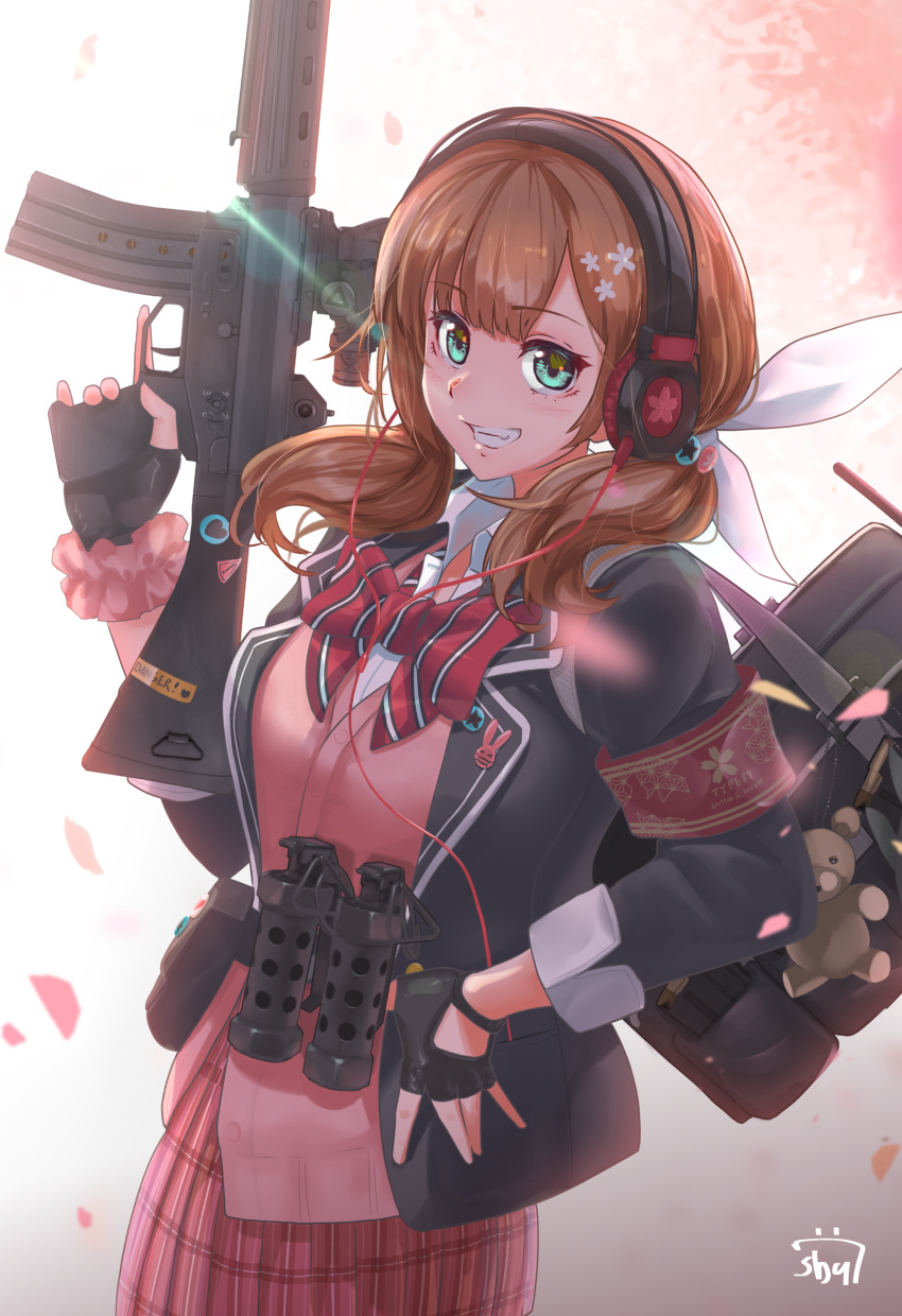 absurdres assault_rifle backpack bag breasts explosive girls_frontline gloves green_eyes grenade gun hair_ribbon hand_on_hip headphones highres holding holding_weapon howa_type_89 howa_type_89_(girls'_frontline) looking_at_viewer medium_breasts multicolored_background pink_shirt pink_skirt ribbon rifle shirt shu70077 skirt smile stanag_magazine stuffed_animal stuffed_toy teddy_bear trigger_discipline twintails weapon