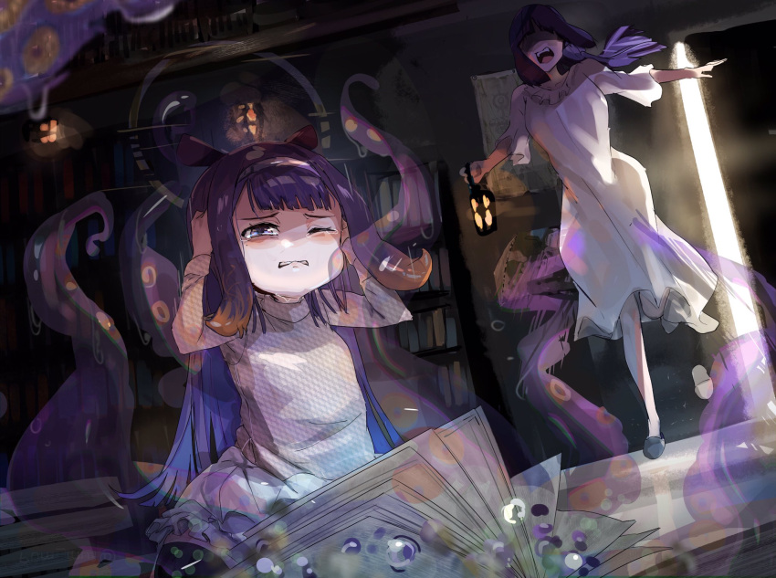 2girls aged_down bangs biting blunt_bangs book bookshelf child covering_ears dress funi_mu9 hairband highres hololive hololive_english lantern library lip_biting multicolored_hair multiple_girls ninomae_ina'nis one_eye_closed open_mouth orange_hair purple_hair slippers tears tentacle_hair tentacles thigh-highs violet_eyes virtual_youtuber white_dress