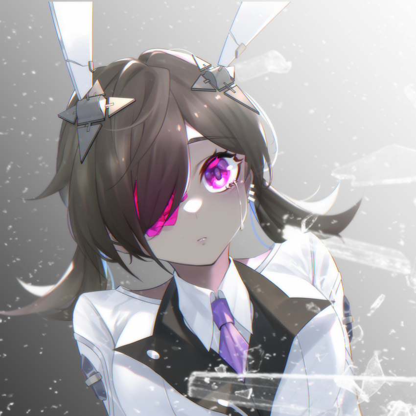 1girl brown_hair crying crying_with_eyes_open dark-skinned_female dark_skin eyepatch grey_background headgear highres long_hair looking_at_viewer necktie purple_necktie shirt simple_background solo tears tower_of_fantasy twintails umi_(tower_of_fantasy) upper_body violet_eyes white_shirt zhe_feng_yi