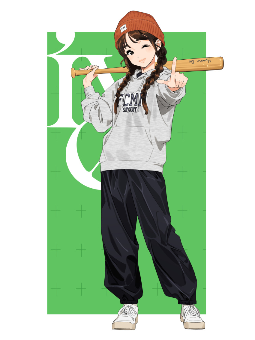 1girl baseball_bat beanie black_eyes braid breasts brown_hair full_body hat highres hood hoodie index_finger_raised ive_(group) k-pop kamo_kamen one_eye_closed pants pink_lips rei_(ive) shoes small_breasts smile sneakers solo sweater sweatpants twin_braids