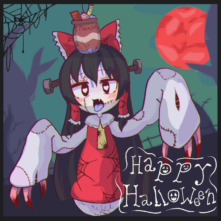 1girl bangs black_eyes black_hair blood blue_tongue blush bow candy chromatic_aberration claws collared_dress colored_tongue commentary_request cookie_(touhou) dress fang food frilled_bow frilled_hair_tubes frills full_body hair_bow hair_tubes hakurei_reimu halloween happy_halloween heart heart-shaped_pupils highres hotaruda_(cookie) long_hair looking_at_viewer moon necktie open_mouth pale_skin patchwork_clothes psychic_parrot red_bow red_dress red_moon screw_in_head silk skin_fang solo spider_web stitches symbol-shaped_pupils tongue tongue_out touhou yellow_necktie