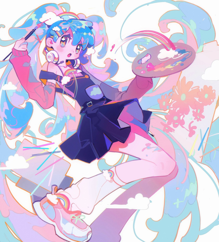 1girl aqua_eyes aqua_hair arm_warmers blush clouds detached_sleeves flower hatsune_miku headphones highres holding holding_palette long_hair long_sleeves looking_at_viewer loose_socks open_mouth overalls palette_(object) pocket rainbow renzhi00334233 shoes skirt sneakers socks solo twintails very_long_hair vocaloid