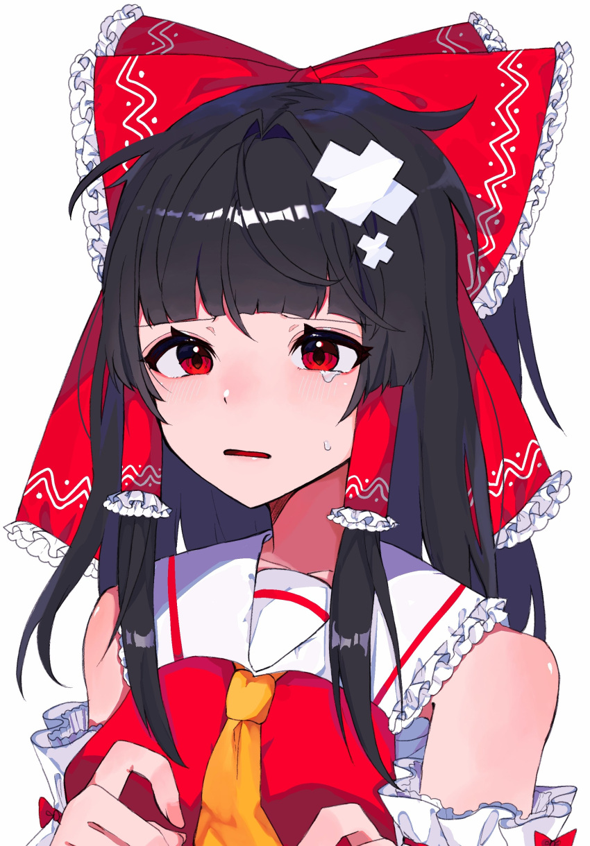 1girl absurdres bangs black_hair blunt_bangs blush bow breasts commentary_request crossed_bandaids detached_sleeves frilled_bow frilled_hair_tubes frilled_shirt_collar frills hair_bow hair_tubes hakurei_reimu highres long_hair looking_at_viewer medium_breasts nadhia_14 necktie open_mouth red_bow red_eyes red_shirt ribbon-trimmed_sleeves ribbon_trim shirt sidelocks simple_background sleeveless sleeveless_shirt solo touhou upper_body white_background white_sleeves yellow_necktie
