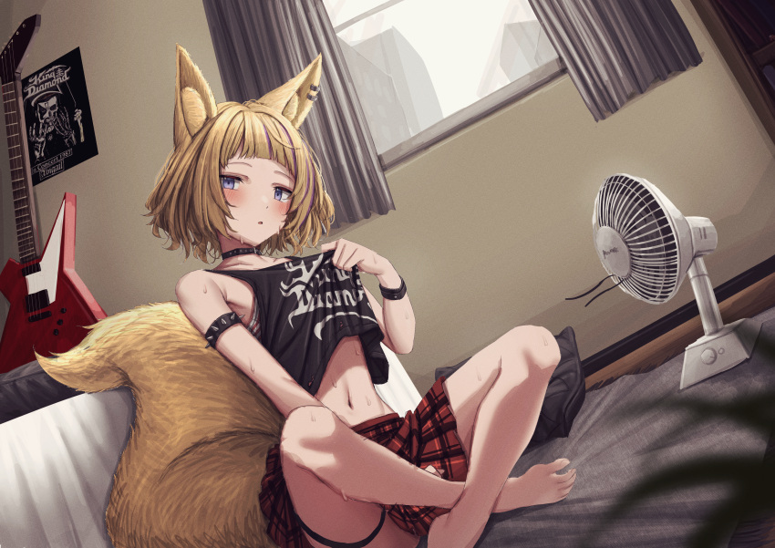 1girl absurdres animal_ears armlet bed black_tank_top blonde_hair blue_eyes carpet clothes_lift collar commission cropped_shirt curtains electric_fan electric_guitar fox_ears fox_girl fox_tail guitar highres hot indian_style instrument king_diamond lifted_by_self lobsteranian looking_at_viewer miniskirt multicolored_hair navel on_ground original pillow plaid plaid_skirt pleated_skirt poster_(object) purple_hair red_skirt shirt_lift short_hair sitting skirt solo spiked_armlet streaked_hair sweat tail tank_top two-tone_hair window wristband