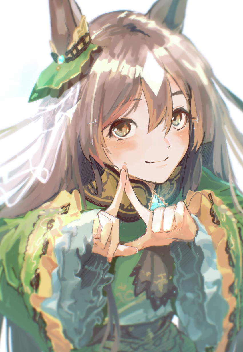 1girl animal_ears bangs blush brown_eyes brown_hair closed_mouth dress green_dress hands_up highres horse_ears index_fingers_raised index_fingers_together long_hair long_sleeves looking_at_viewer satono_diamond_(umamusume) smile solo sparkle tanahashi_beiko umamusume upper_body
