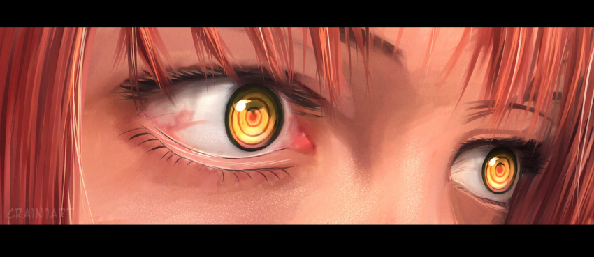 1girl absurdres bangs chainsaw_man close-up crain1art eye_focus highres letterboxed looking_to_the_side makima_(chainsaw_man) redhead ringed_eyes solo yellow_eyes