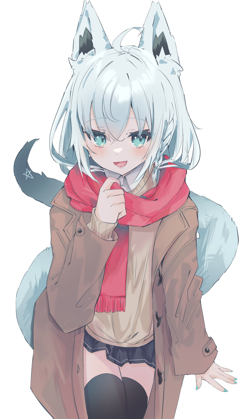 1girl absurdres ahoge animal_ear_fluff animal_ears bangs black_skirt black_thighhighs blue_nails blush braid brown_coat brown_sweater coat commentary_request fox_ears fox_girl fox_tail green_eyes hair_between_eyes highres hololive long_hair looking_at_viewer open_clothes open_coat open_mouth pentagram red_scarf scarf shin_murasame shirakami_fubuki sidelocks simple_background single_braid skirt solo sweater tail thigh-highs virtual_youtuber white_background white_hair zettai_ryouiki
