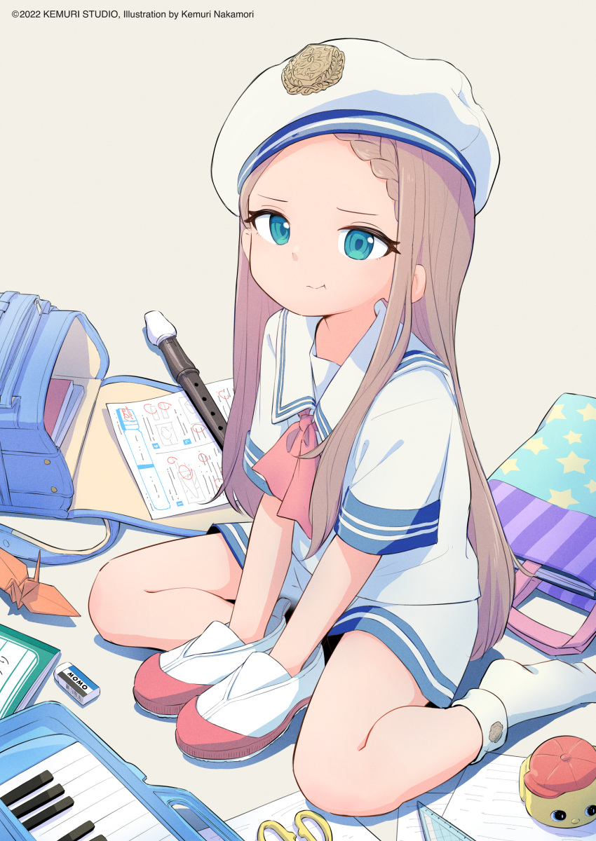 1girl absurdres backpack bag beret blue_eyes eraser flute hands_in_shoes hat highres instrument light_brown_hair long_hair looking_at_viewer nakamori_kemuri on_ground open_bag original paper sailor_collar sailor_shirt shirt short_sleeves shorts sitting socks solo