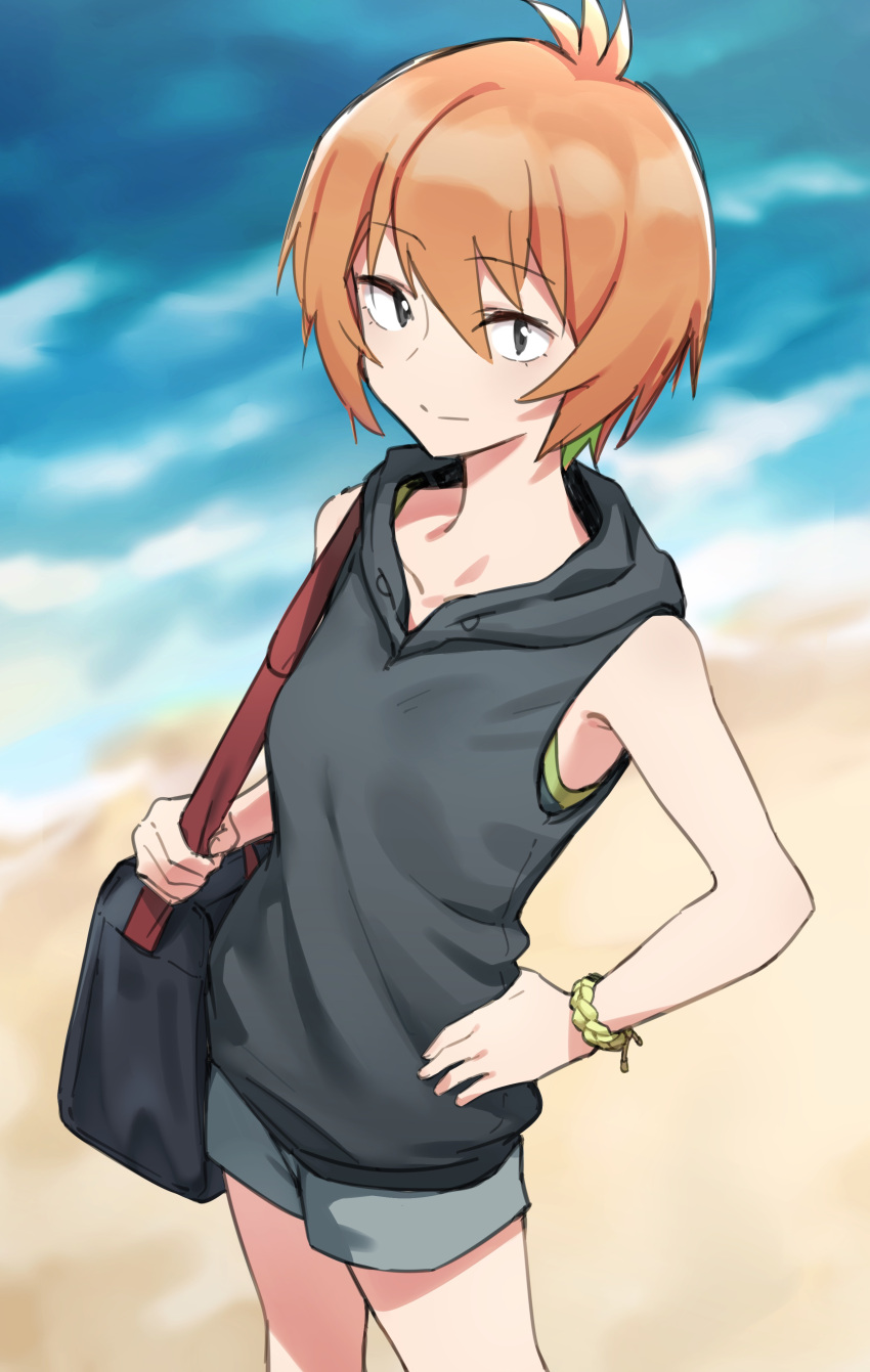 1girl absurdres armpits bag beach bracelet closed_mouth do_it_yourself!! fankupl green_hair grey_hoodie grey_shorts hand_on_hip highres hood hoodie jewelry looking_at_viewer multicolored_hair orange_hair shorts sleeveless sleeveless_hoodie yasaku_rei