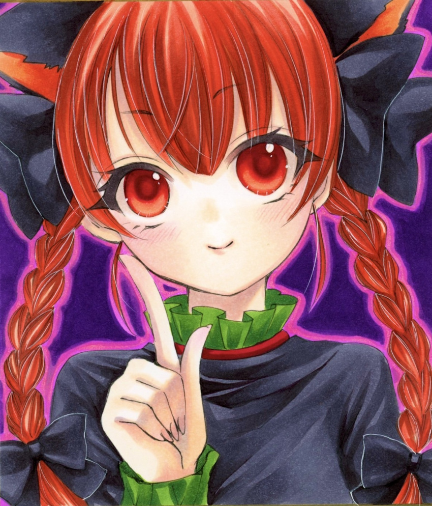 1girl animal_ears black_bow bow braid cat_ears extra_ears fingernails hair_bow hair_ribbon hand_up highres index_finger_raised kaenbyou_rin looking_at_viewer outer_glow portrait red_eyes redhead ribbon smile solo touhou traditional_media tress_ribbon twin_braids yuuki_hana_(jtnp5334)