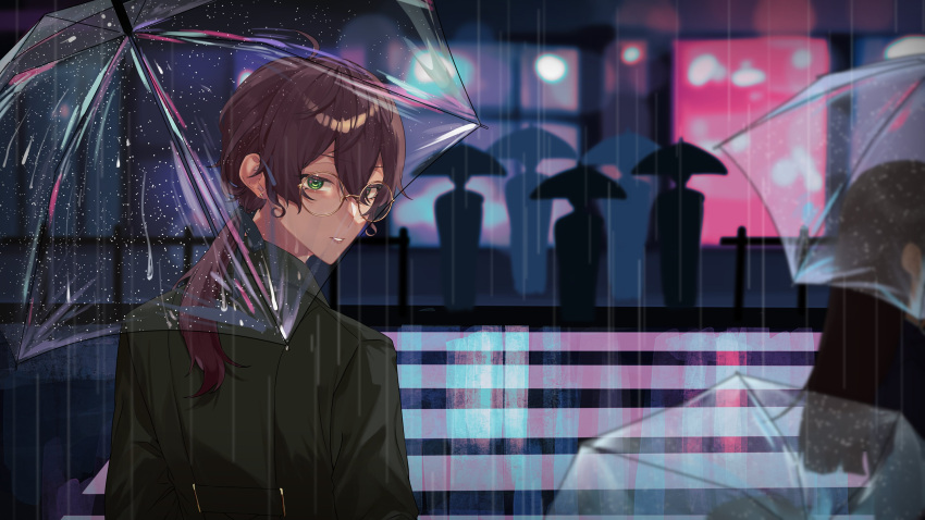 1boy absurdres albert_parker amazaki_umu brown_hair crosswalk earrings from_behind glasses green_jacket hair_between_eyes highres holding holding_umbrella indie_virtual_youtuber jacket jewelry long_hair looking_at_viewer looking_back low_ponytail male_focus official_art parted_lips rain round_eyewear solo_focus stud_earrings transparent transparent_umbrella umbrella upper_body yellow-framed_eyewear