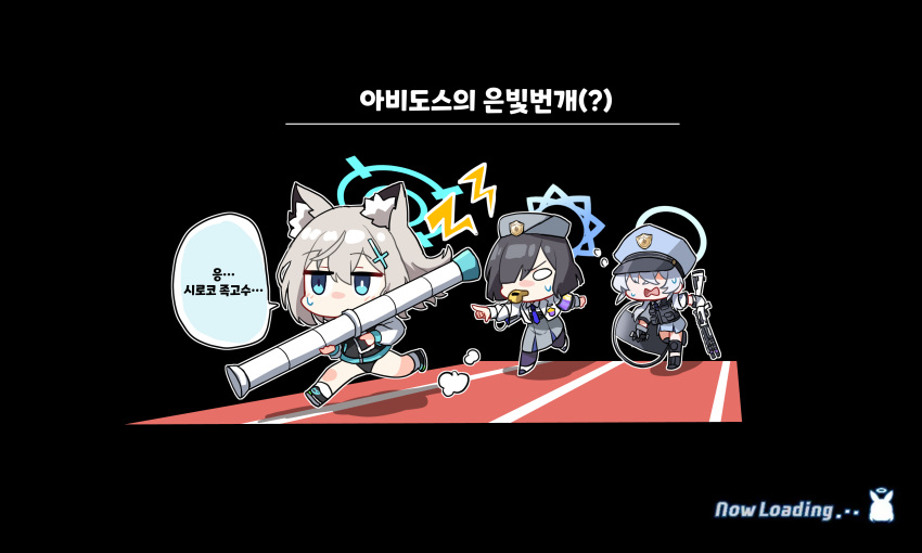 absurdres animal_ears blue_archive blue_eyes buruma english_text grey_hair gym_shorts gym_uniform hair_ornament hairpin halo heterochromia highres korean_text rocket_launcher running shiroko_(blue_archive) shorts weapon wolf_ears wolf_girl yanggaengwang