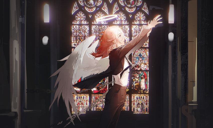1girl angel_devil_(chainsaw_man) angel_wings black_coat black_necktie black_pants business_suit chain chainsaw_man church coat collared_shirt formal from_side glass halo highres mingtiantian necktie office_lady outstretched_arms pants redhead shirt shirt_tucked_in stained_glass suit window wings