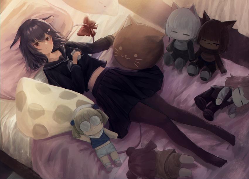 1girl absurdres animal_ears bed bow commission dark_skin facial_mark hair_ornament hairclip highres indie_virtual_youtuber indoors lying md5_mismatch midriff mouse_ears mouse_girl mouse_tail on_back on_bed pantyhose pillow purple_hair red_eyes resolution_mismatch school_uniform short_hair siruru0503 source_smaller stuffed_toy tail yatra_(vtuber)