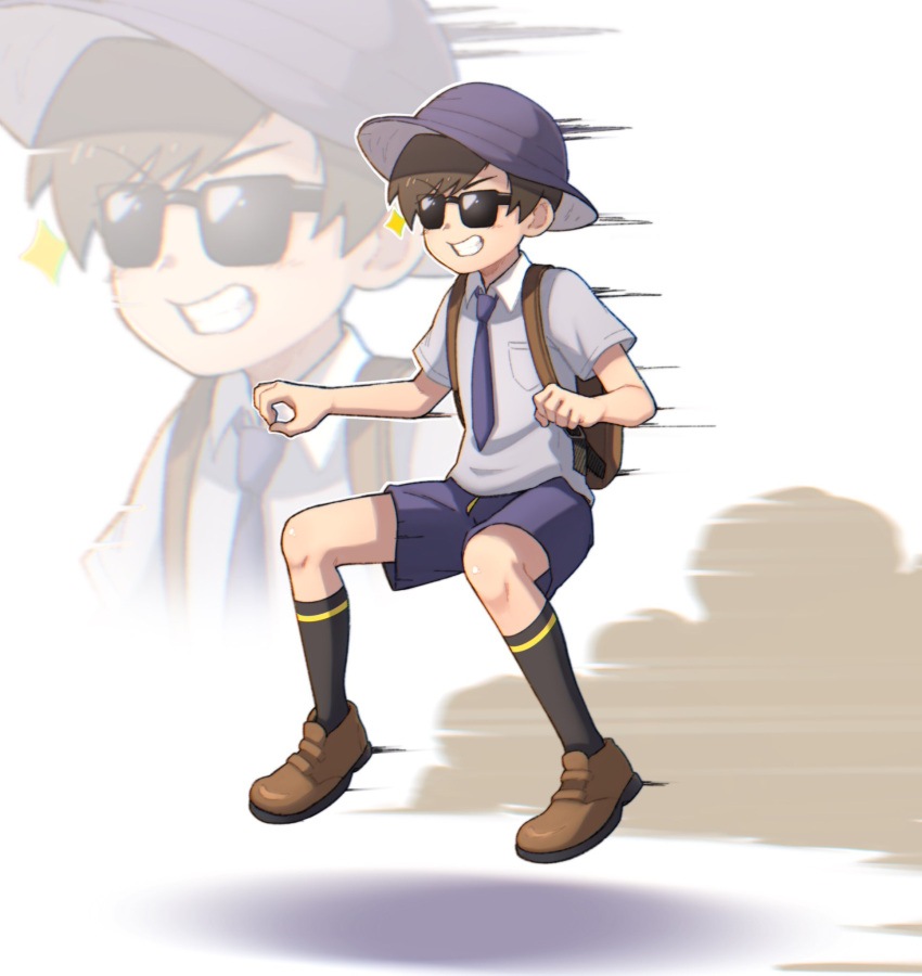 1boy backpack bag bangs blush breast_pocket brown_bag brown_footwear brown_hair commentary florian_(pokemon) full_body grin hat highres knees male_focus motion_blur necktie pocket pokemon pokemon_(game) pokemon_sv purple_necktie purple_shorts shirt shoes short_hair short_sleeves shorts smile socks sparkle sunglasses tama!_(lazyturtle) teeth zoom_layer