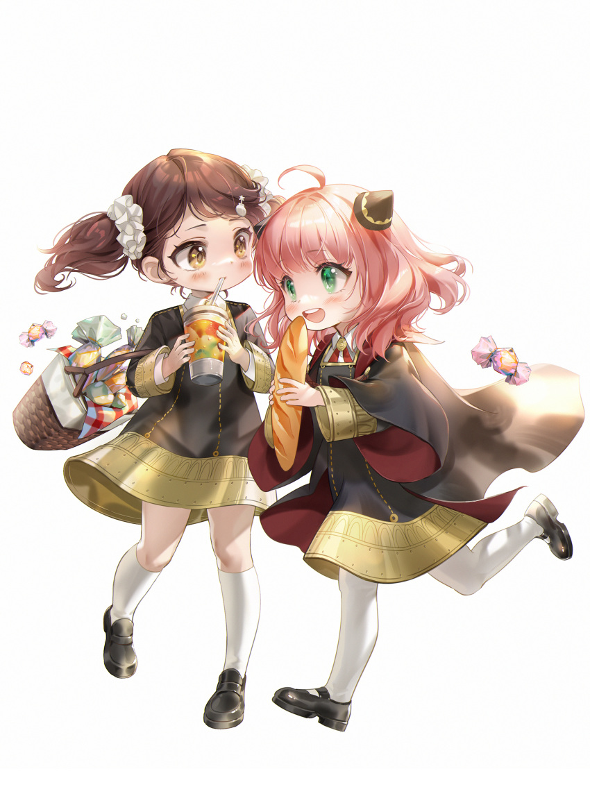 2girls absurdres ahoge anya_(spy_x_family) baguette bangs basket becky_blackbell blush bread brown_hair candy child chinese_commentary cup disposable_cup drinking_straw_in_mouth eden_academy_uniform female_child food green_eyes hairpods highres huangbanmimi multiple_girls open_mouth pink_hair robe school_uniform simple_background spy_x_family white_background yellow_eyes