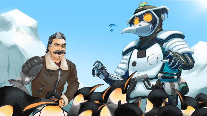 1boy 1other ^_^ ambiguous_gender apex_legends bird black_gloves black_hair bloodhound_(apex_legends) brown_jacket cable closed_eyes eyepatch facial_hair frosthaven_bloodhound fuse_(apex_legends) gloves grey_hair hand_on_hip highres jacket mask multicolored_hair murata_miku mustache official_alternate_costume one_eye_covered open_hands penguin red_shirt scar scar_across_eye shirt sky snow streaked_hair surprised sweatdrop too_many_penguins