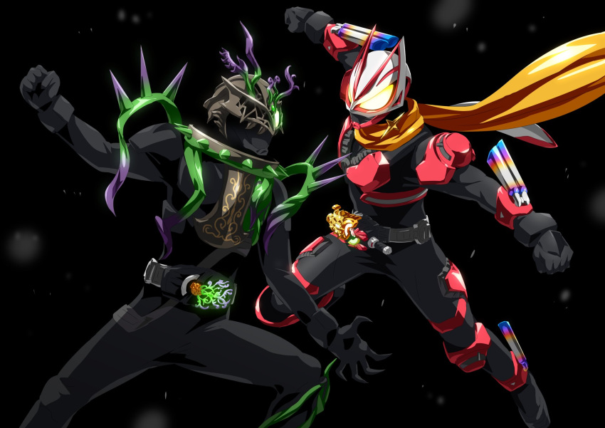 2boys armor battle black_bodysuit bodysuit boost_buckle collar desire_driver exhaust fever_boost_form fever_buckle fox gradient_horns highres horns jamato_(kamen_rider_geats) jamato_buckle jamato_rider kamen_rider kamen_rider_geats kamen_rider_geats_(series) kitsune male_focus multicolored_horns multiple_boys open_hand otokamu plant scarf shoulder_armor spiked_collar spikes tokusatsu