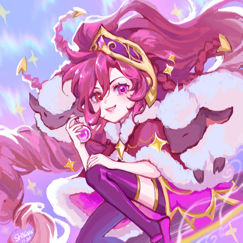 1girl absurdres animal bangs bottle braid cape closed_eyes fur-trimmed_cape fur_trim grin hair_ornament hand_up heterochromia highres holding holding_bottle league_of_legends long_hair pink_eyes pink_footwear purple_thighhighs red_cape red_eyes redhead sheep shiny shiny_clothes shoes smile solo sparkle teeth thigh-highs wan_wan winterblessed_zoe zoe_(league_of_legends)