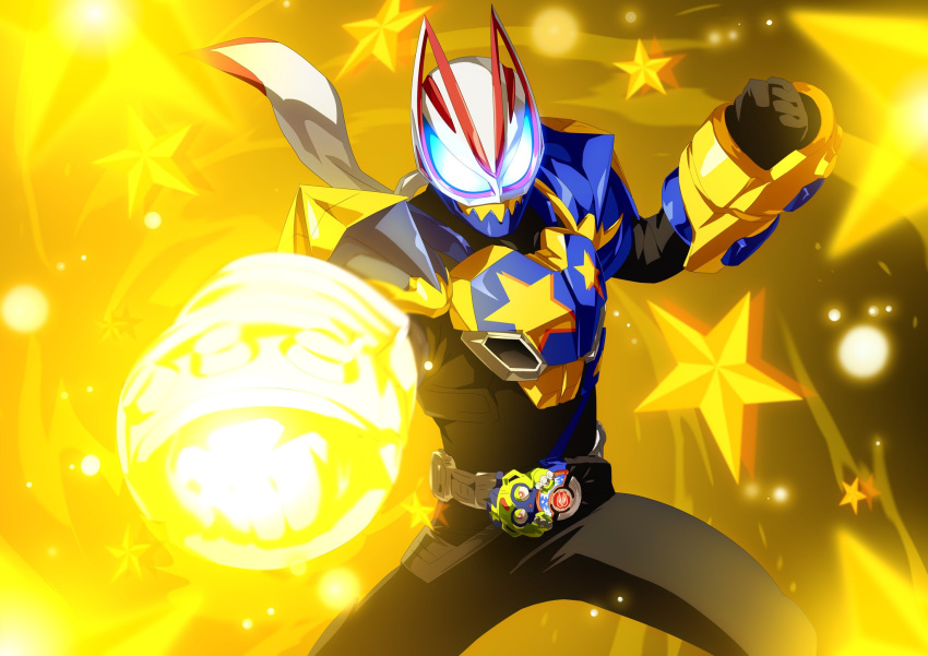 1boy black_background black_bodysuit blue_armor blue_eyes bodysuit boxing_gloves brass_knuckles clenched_hands desire_driver finishing_move fox glowing_fist highres imminent_hit incoming_attack kamen_rider kamen_rider_geats kamen_rider_geats_(series) male_focus monster monster_buckle otokamu parody raise_buckle shadow simple_background solo star_(sky) star_(symbol) tokusatsu weapon yellow_background