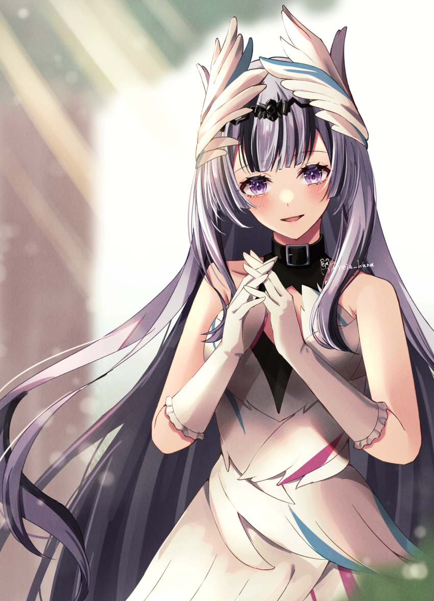 1girl black_hair blush breasts character_request choker dress feather_dress fire_emblem fire_emblem_engage gloves grey_hair highres long_hair looking_at_viewer multicolored_hair open_mouth own_hands_clasped own_hands_together reia_hana small_breasts smile solo two-tone_hair very_long_hair violet_eyes wavy_hair white_dress wing_hair_ornament
