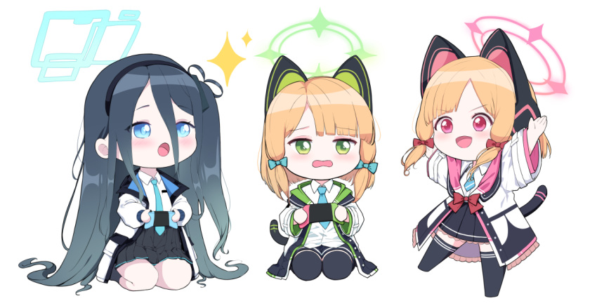 3girls aris_(blue_archive) blonde_hair blue_archive blue_eyes blue_hair bow cat_ear_headphones chibi full_body gloves green_eyes hair_bow halo handheld_game_console headphones ine_(ineinnen) jacket long_hair midori_(blue_archive) momoi_(blue_archive) multiple_girls necktie nintendo_switch pink_eyes