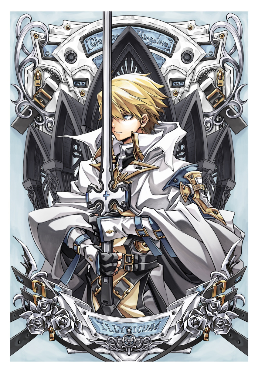 1boy absurdres belt black_gloves blonde_hair blue_background blue_eyes border cross dong_hole english_text fingerless_gloves flower from_side gloves guilty_gear guilty_gear_strive hair_between_eyes highres holding holding_sword holding_weapon ky_kiske looking_to_the_side male_focus pose short_hair simple_background solo sword thunderseal weapon white_border wide_sleeves