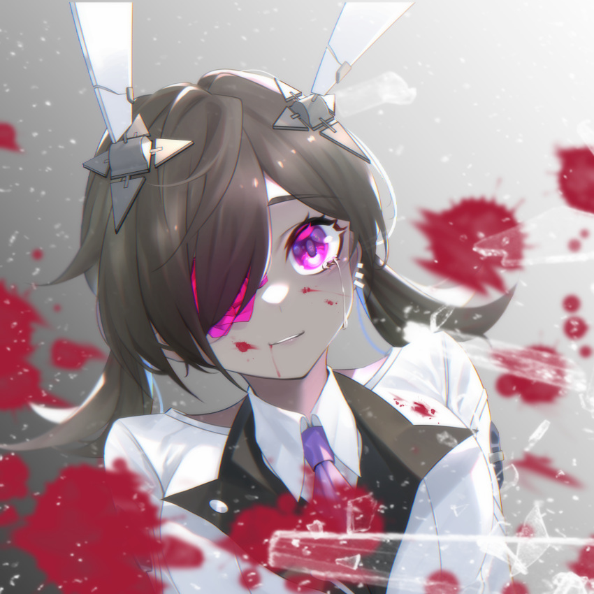 1girl blood blood_on_face brown_hair crying crying_with_eyes_open dark-skinned_female dark_skin eyepatch grey_background hair_over_one_eye headgear highres long_hair looking_at_viewer necktie purple_necktie shirt simple_background solo tears tower_of_fantasy twintails umi_(tower_of_fantasy) upper_body violet_eyes white_shirt zhe_feng_yi